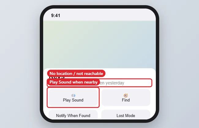 AirTag Not Reachable? What It Means and How to Fix It 1 Tracking app item screen showing No location found with Play Sound and Find options