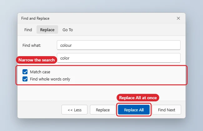 How to Find and Replace in Word 2013 1 Find and Replace dialog with Match case and Find whole words only ticked