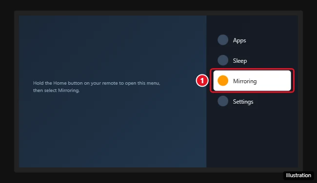 Fire TV quick menu opened by holding the Home button, with the Mirroring option highlighted