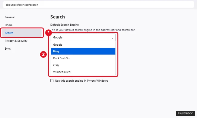 How to Set the Default Search Engine in Firefox 1 Firefox Settings Search page with the Search section in the sidebar and the Default Search Engine dropdown open