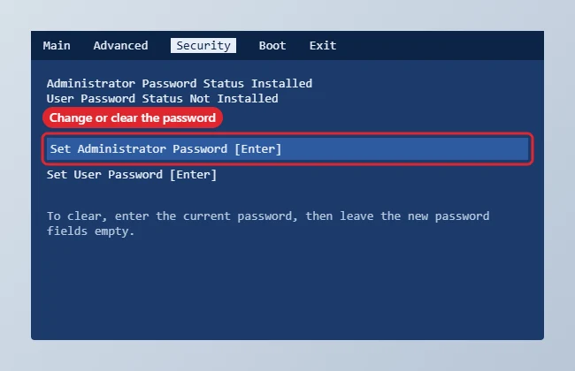 Firmware setup Security page with the administrator password option highlighted