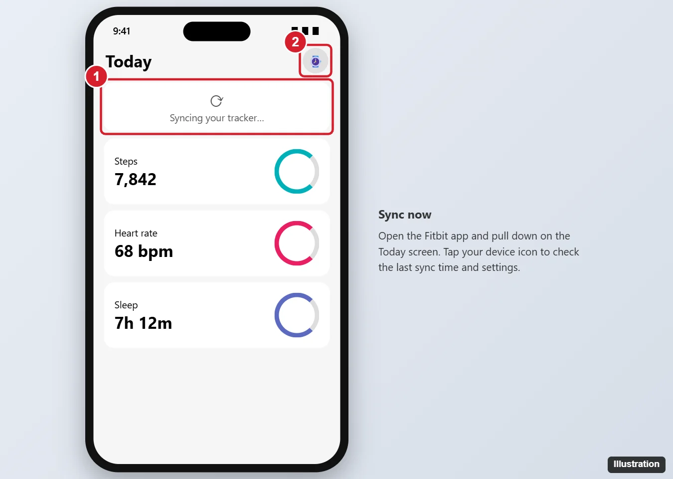 How to Sync Your Fitbit With Your iPhone 1 Fitbit app on iPhone with the Today screen pulled down to sync and the device icon highlighted