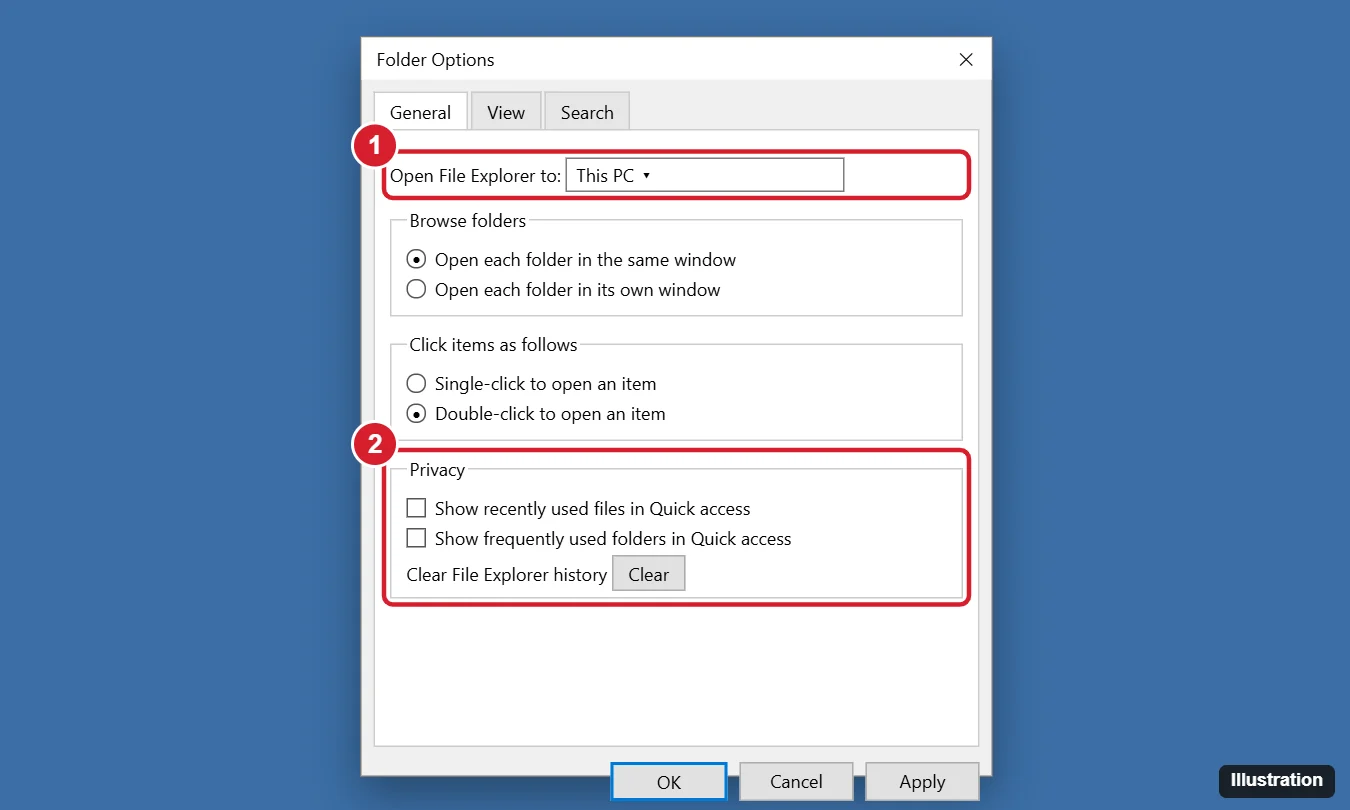 Folder Options General tab with Open File Explorer to set to This PC and the Privacy checkboxes for recent files and frequent folders highlighted