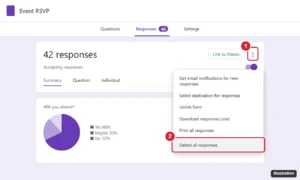Online form builder Responses tab with the three-dot menu open and Delete all responses highlighted