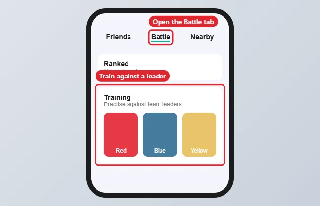 Where Are the Team Leader Battles in Pokemon GO? 1 Mobile game Battle tab with a Training section listing three team leaders