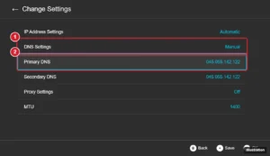 Game console network settings screen with DNS Settings set to Manual and the Primary DNS field highlighted