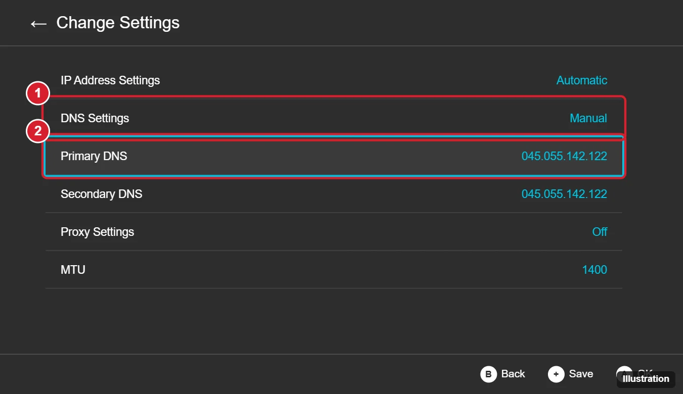 How to Get Google on Nintendo Switch (Hidden Browser Guide) 1 Game console network settings screen with DNS Settings set to Manual and the Primary DNS field highlighted