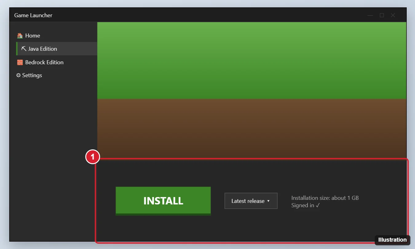 How to Install Minecraft on Windows 10 (Java and Bedrock) 1 Game launcher window with the edition selector showing Java Edition and Bedrock Edition and a large Install button