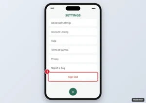 Game settings menu on iPhone scrolled to the bottom with the Sign Out option highlighted