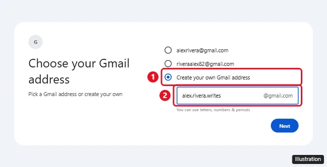 How to Create a New Gmail Account (Computer, iPhone, and Android) 2 Google Choose your Gmail address screen with Create your own Gmail address selected