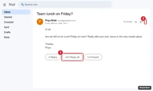 Gmail on a computer showing an open email with the Reply all button highlighted below the message