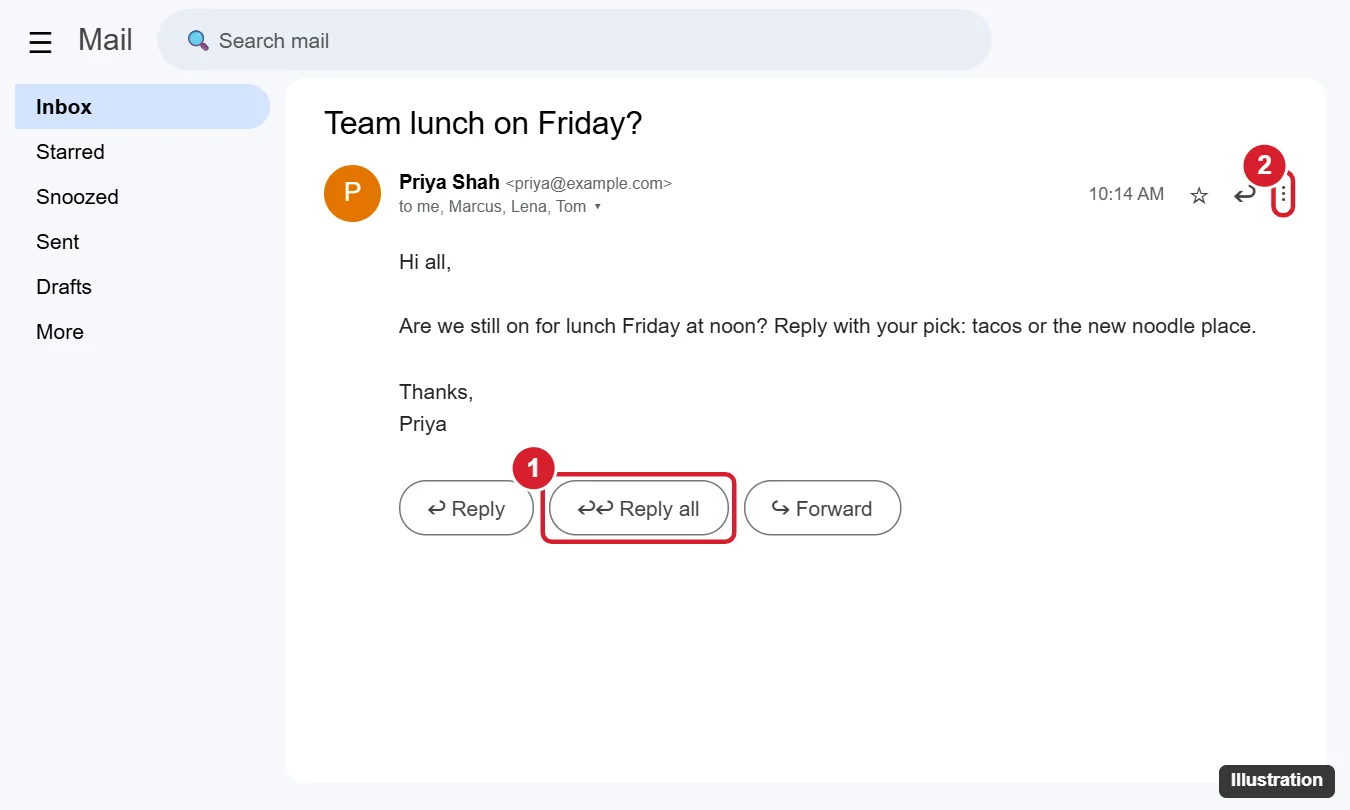 How to Reply All in Gmail 1 Gmail on a computer showing an open email with the Reply all button highlighted below the message