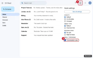 Email web app with the settings gear and the Conversation view checkbox under Email threading highlighted