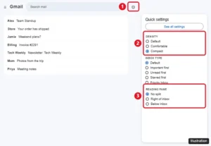Gmail Quick settings panel with the Settings gear, Density options, Inbox type, and Reading pane options highlighted