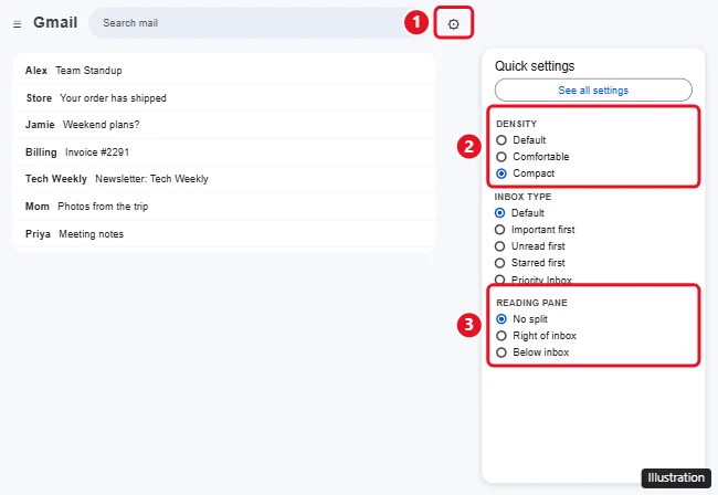 How to Change the View in Gmail 1 Gmail Quick settings panel with the Settings gear, Density options, Inbox type, and Reading pane options highlighted