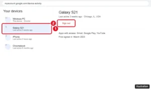Google Account Your devices page showing a list of signed-in devices with one device open and the Sign out button highlighted