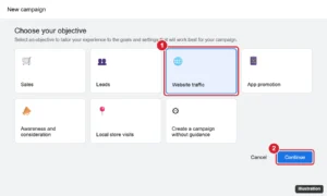 Google Ads new campaign screen asking to choose an objective, with Website traffic selected and the Continue button highlighted