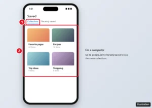 Google app Saved page showing collections of saved pages, images, and places with the Saved items highlighted