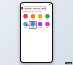 Google Assistant voice settings with voice options shown as colors and one voice selected