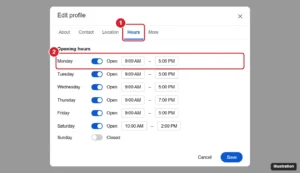 Google Business Profile editor on Google Search with the Hours tab and a day’s opening hours highlighted