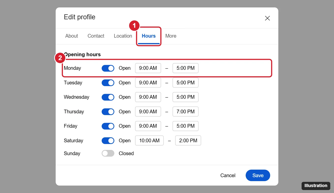 How to Update Business Hours on Google 1 Google Business Profile editor on Google Search with the Hours tab and a day’s opening hours highlighted