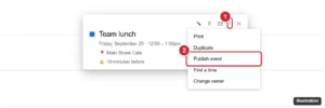 Google Calendar event details with the options menu open and Publish event highlighted