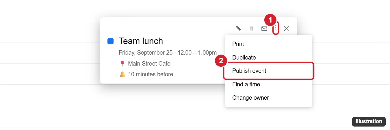 How to Share a Google Calendar Event Link 1 Google Calendar event details with the options menu open and Publish event highlighted