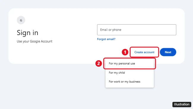 How to Create a New Gmail Account (Computer, iPhone, and Android) 1 Google sign-in page with Create account and For my personal use highlighted