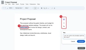 Document editor with text selected and the floating add comment button and comment box highlighted