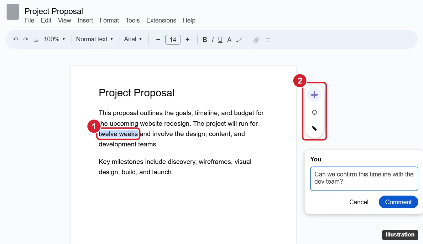 Document editor with text selected and the floating add comment button and comment box highlighted