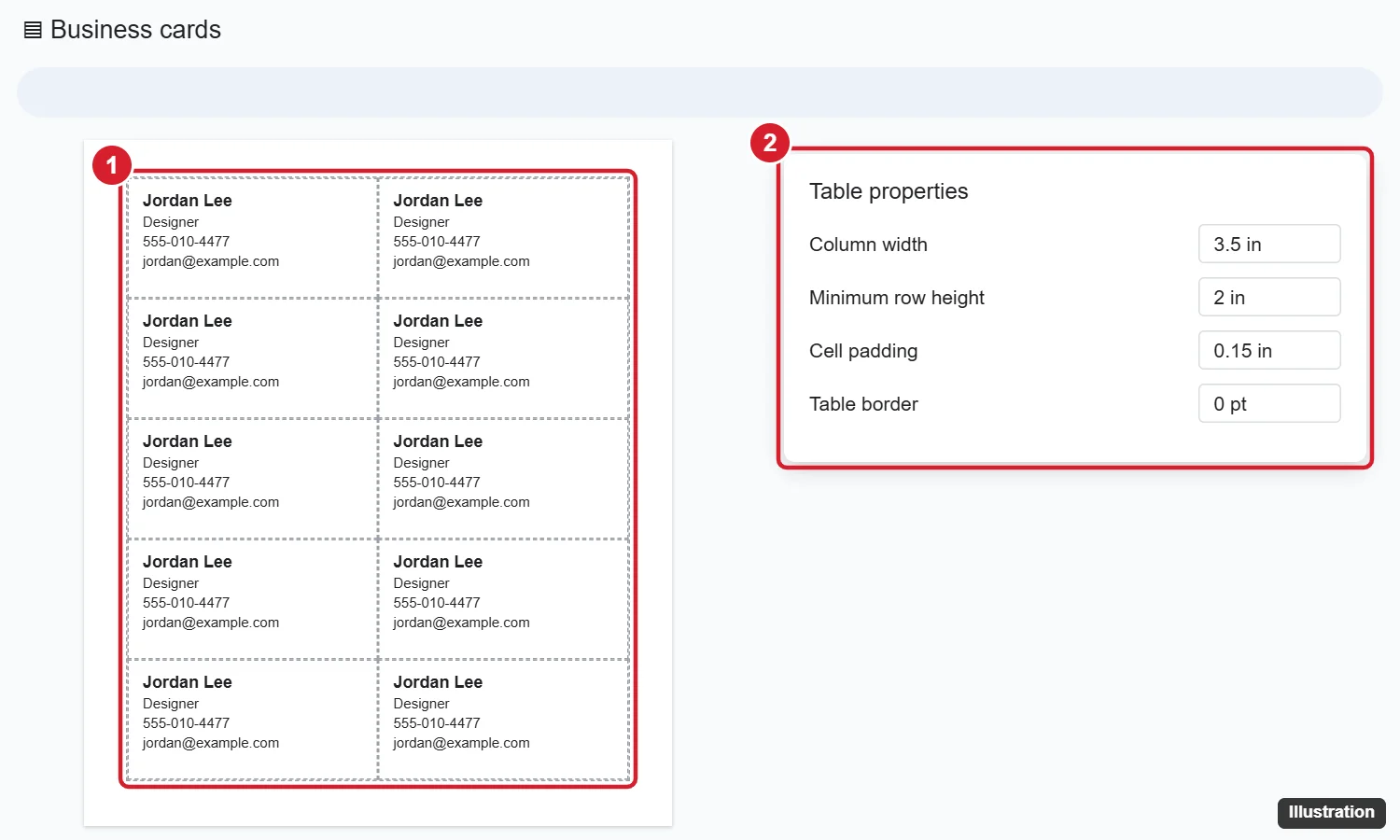 Google Docs page with a two-column table of business cards and the Table properties panel set to 3.5 by 2 inches