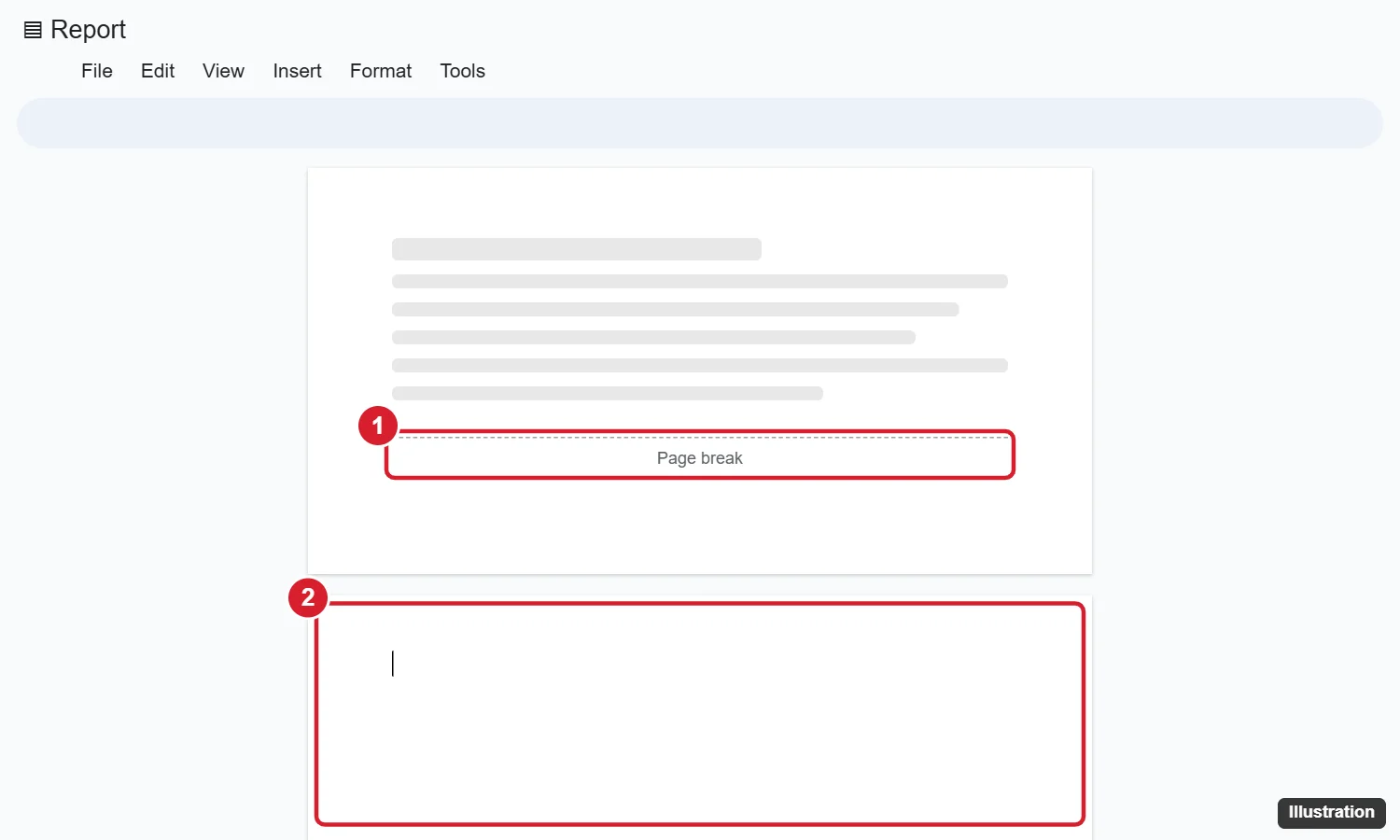 Google Docs document with a page break at the end of page 1 and an empty page 2 highlighted