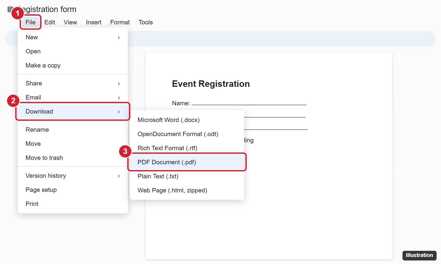 How to Create a Fillable PDF Form From Google Docs 1 Google Docs File menu open to Download with PDF Document highlighted