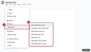 Document editor File menu with Download open and Microsoft Word docx highlighted