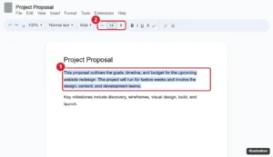 Document editor toolbar with selected text and the font size box with minus and plus buttons highlighted