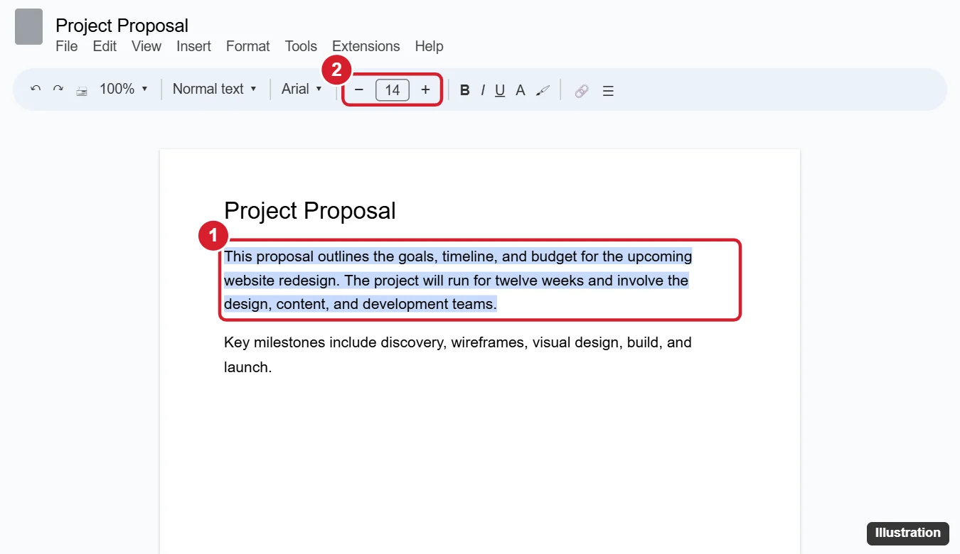 How to Change Font Size in Google Docs (Computer and Mobile) 1 Document editor toolbar with selected text and the font size box with minus and plus buttons highlighted