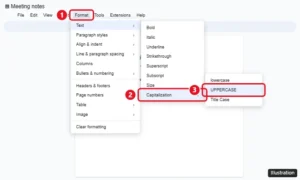 Google Docs Format menu open to Text, then Capitalization, with UPPERCASE highlighted