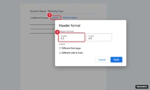 Google Docs Header format dialog with the Header margin field highlighted, opened from the header Options menu