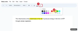 Google Docs toolbar with the Highlight color button and color palette open, yellow highlighted