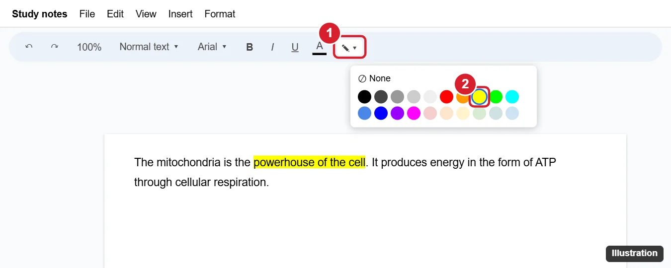 How to Highlight in Google Docs 1 Google Docs toolbar with the Highlight color button and color palette open, yellow highlighted