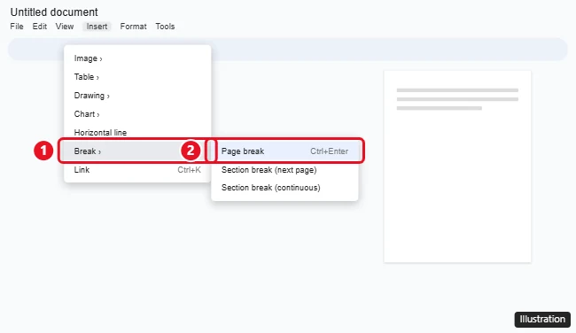 Google Docs Insert menu open with Break and Page break highlighted
