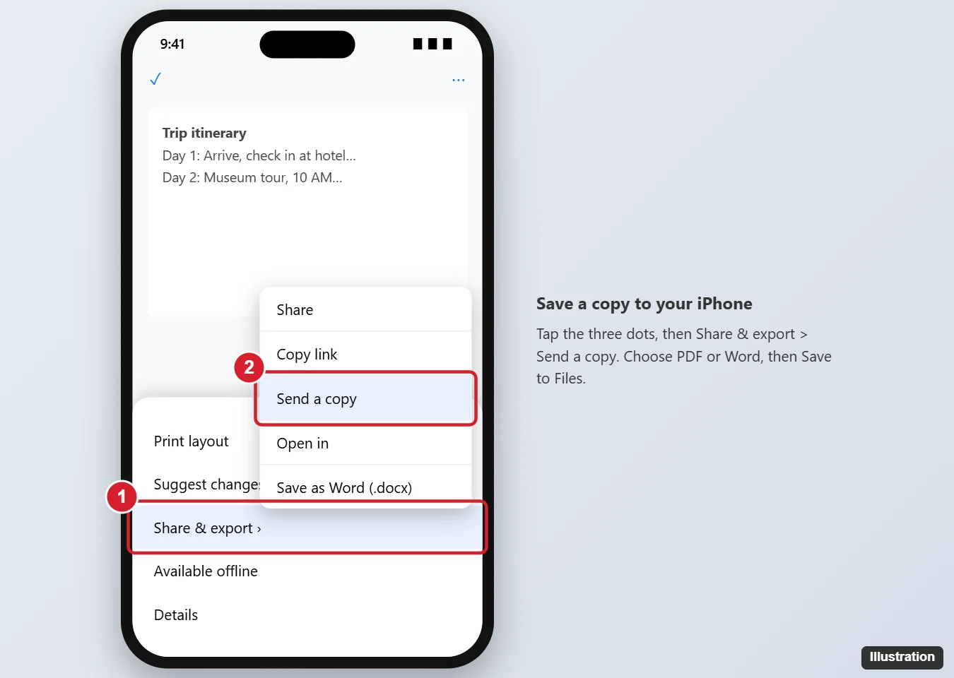 Google Docs app on iPhone with the Share and export menu open and Send a copy highlighted