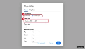 Document editor Page setup dialog with Landscape orientation and a custom envelope paper size highlighted