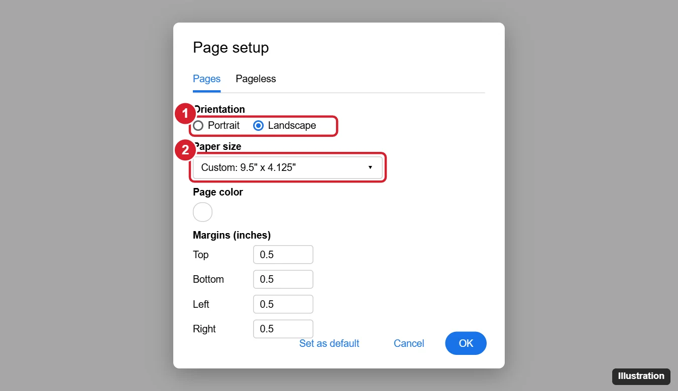 Document editor Page setup dialog with Landscape orientation and a custom envelope paper size highlighted