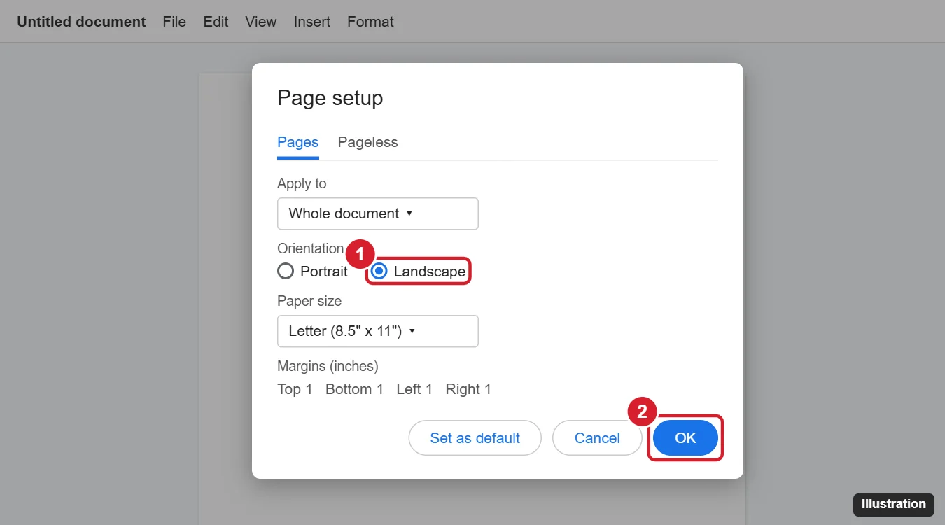 Google Docs Page setup dialog with the Landscape orientation option and OK button highlighted
