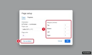 Google Docs Page setup dialog with Top, Bottom, Left, and Right margins set to 1 inch and the Set as default button