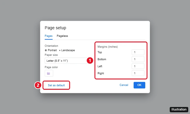 Google Docs Page setup dialog with Top, Bottom, Left, and Right margins set to 1 inch and the Set as default button