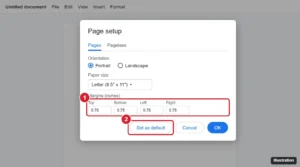 Google Docs Page setup dialog with the margin boxes and Set as default button highlighted
