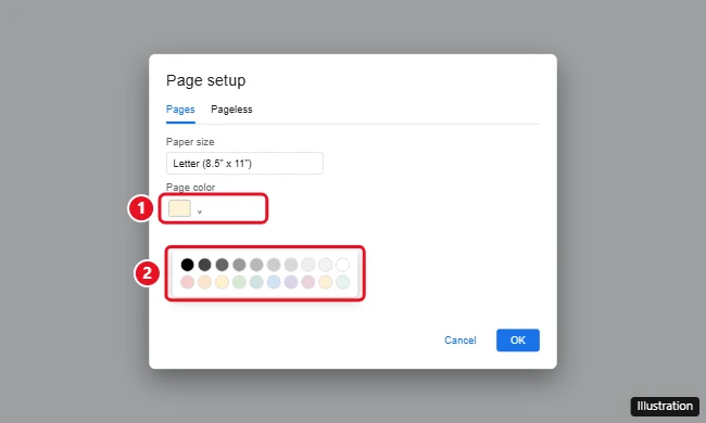 How to Change the Background in Google Docs 1 Google Docs Page setup dialog with the Page color picker open and a light color selected