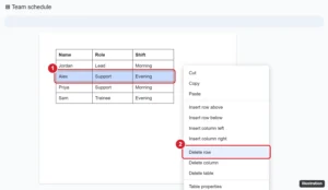 Google Docs table with a row selected and the right-click menu showing Delete row highlighted